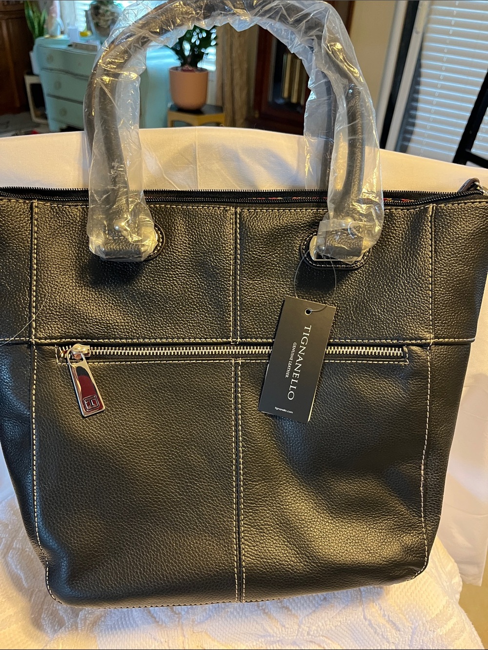 Tignanello Black Pebbled Leather Tote with White Stitching